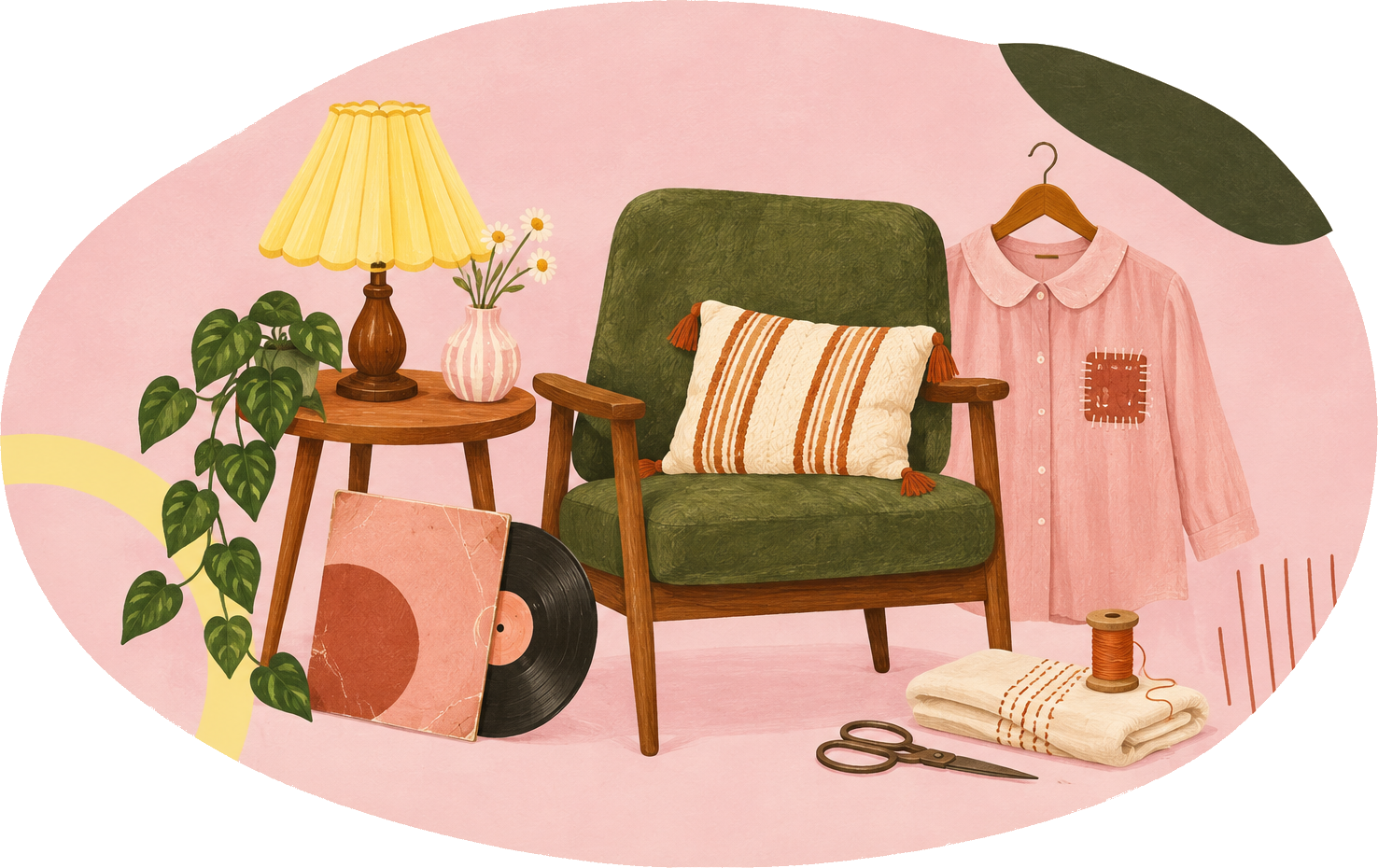 Illustration i Andra Varvets färger: en grön fåtölj, en rosa skjorta, en vinylskiva, en lampa och symöbler i en rosa oval